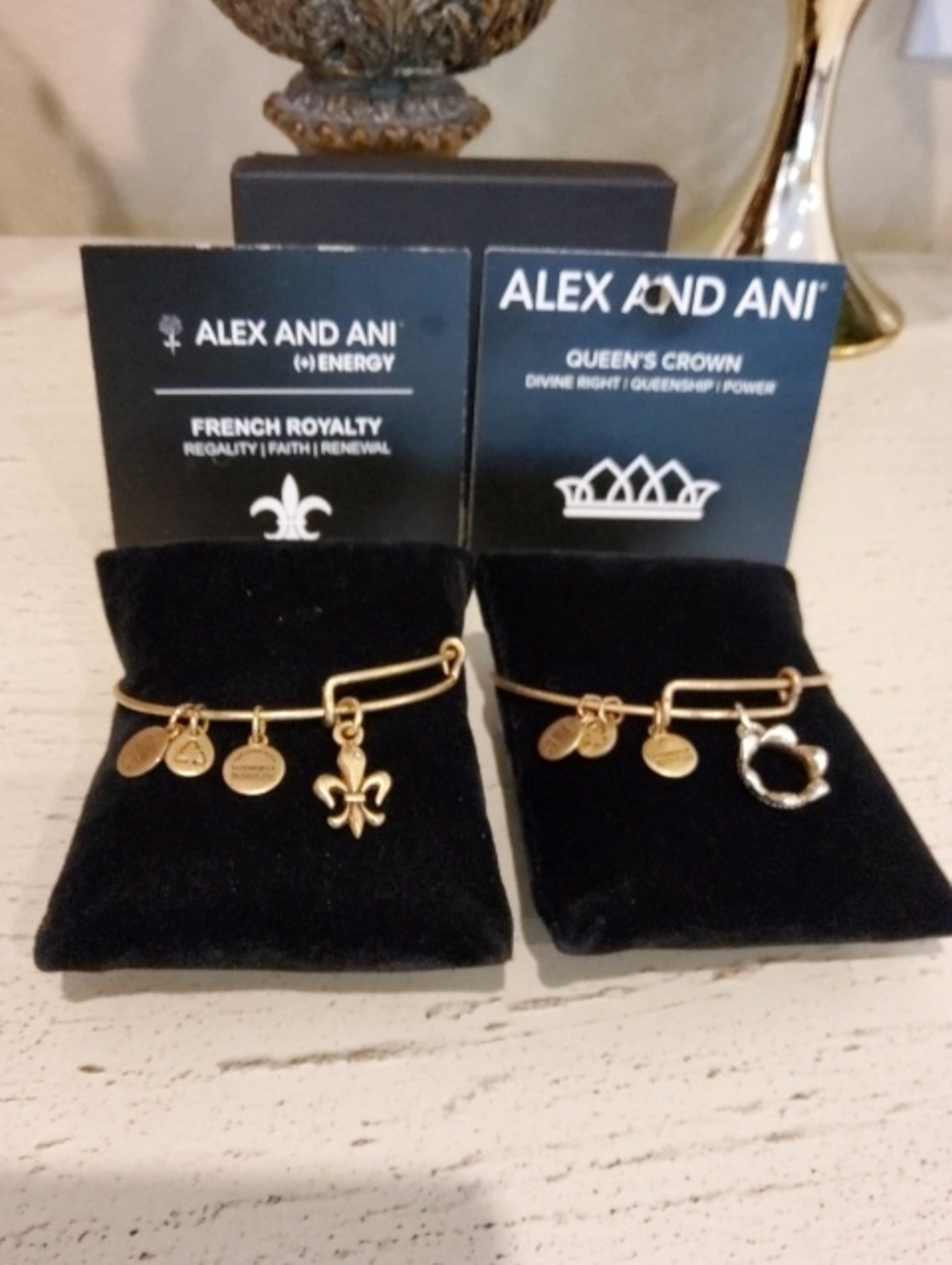 Alex and Ani Set of Gold French Royalty Charm & Queens Crown  Bangle Bracelets